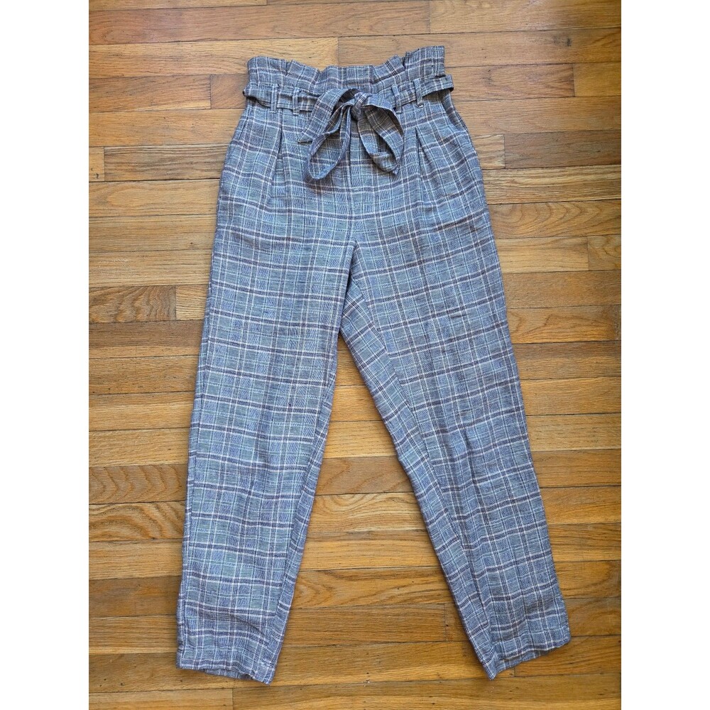 American Eagle plaid cotton linen blend pants size xs tie belt